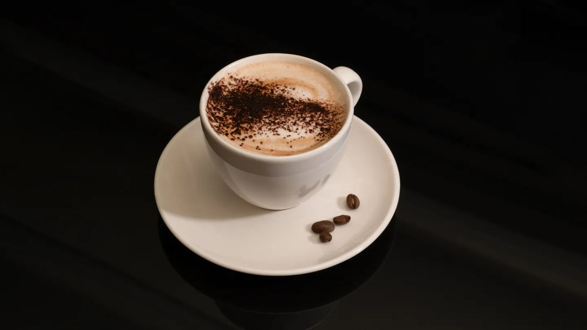 Cappuccino met cacaopoeder in een wit kopje op een schoteltje met enkele koffiebonen.