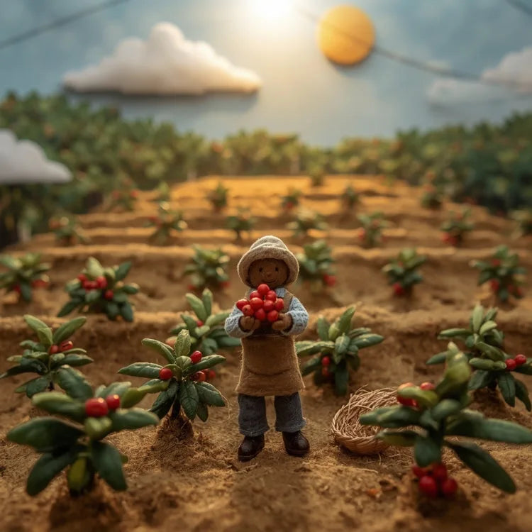 Felt-craft illustration of a coffee farmer holding a handful of red coffee cherries in the field