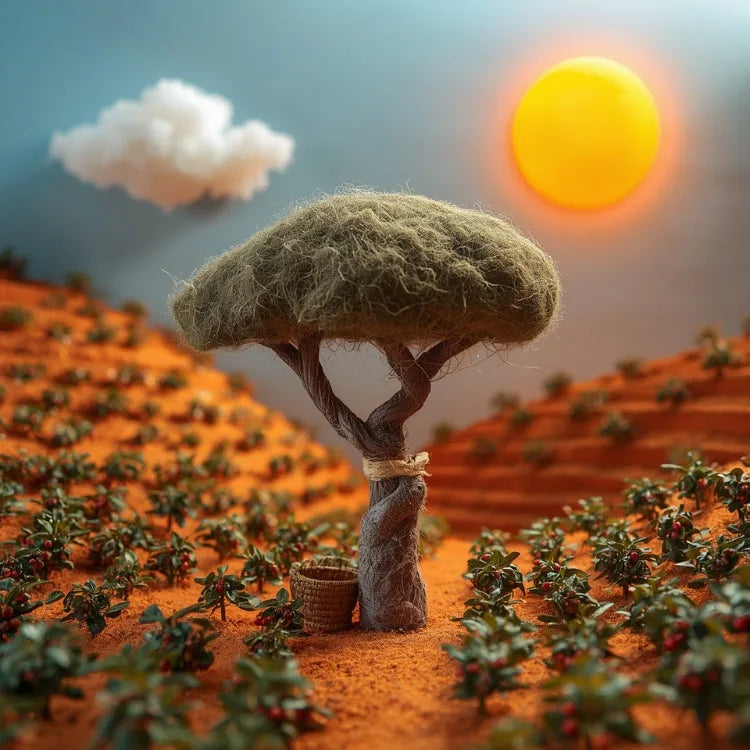 Felt-craft illustration of a tree on a terraced coffee hillside under the sun — the land