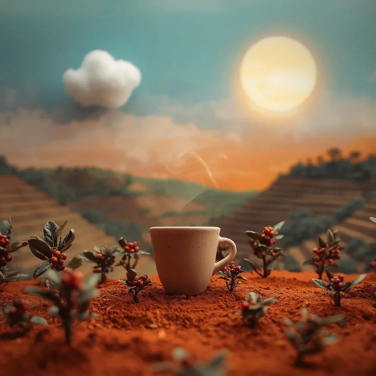 Felt-craft illustration of a steaming coffee cup in a field of coffee plants — you