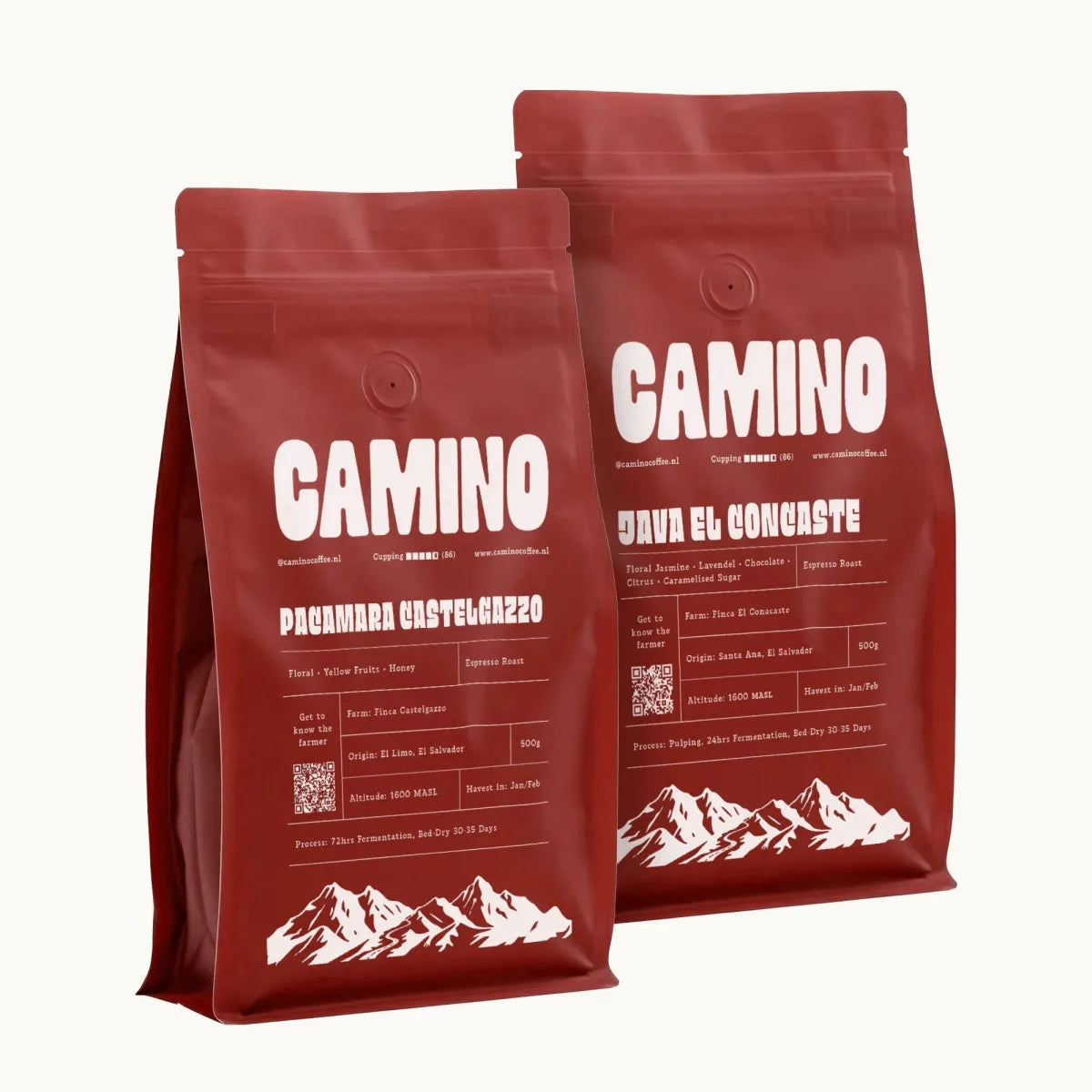 Camino Espresso Discovery Pack with two single origin espresso coffees, Pacamara and Java El Concaste from El Salvador